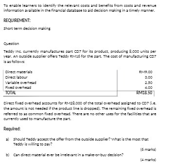 To enable learners to identify the relevant costs