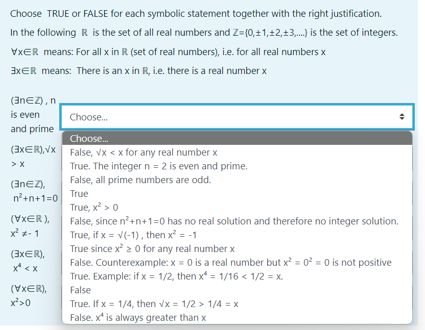 Choose TRUE or FALSE for each symbolic statement