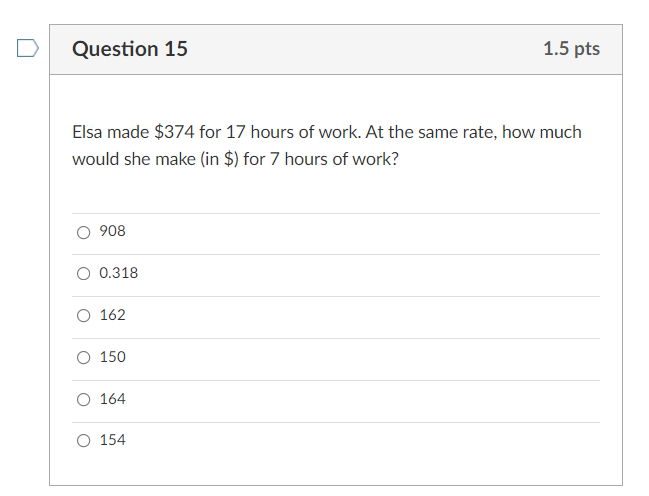 D Question 15 1.5 pts Elsa made $374 for 17 hours