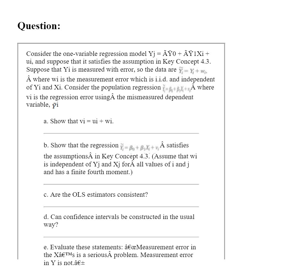 Question: Consider the one-variable regression