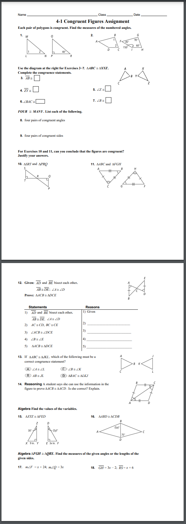 Name Class . Date 4-1 Congruent Figures