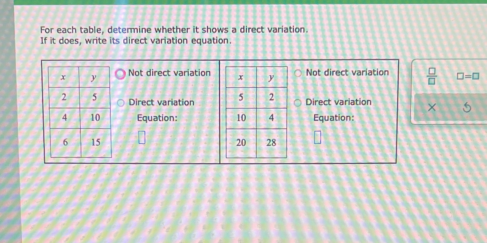 For each table, determine whether it shows a