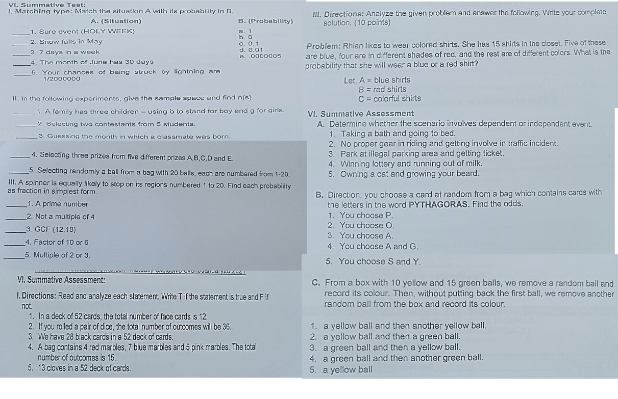 VI. Summative Test: I. Matching type: Match the
