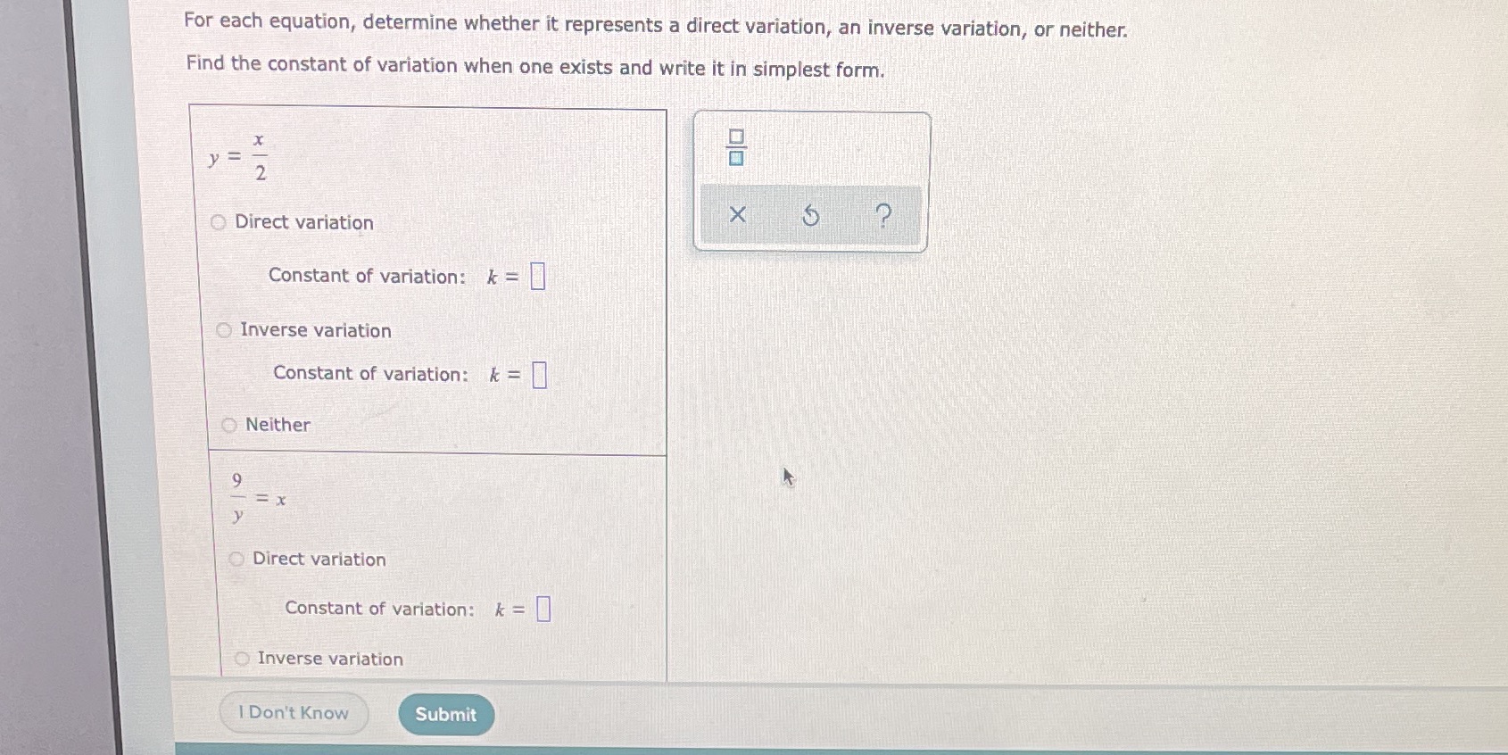 For each equation, determine whether it