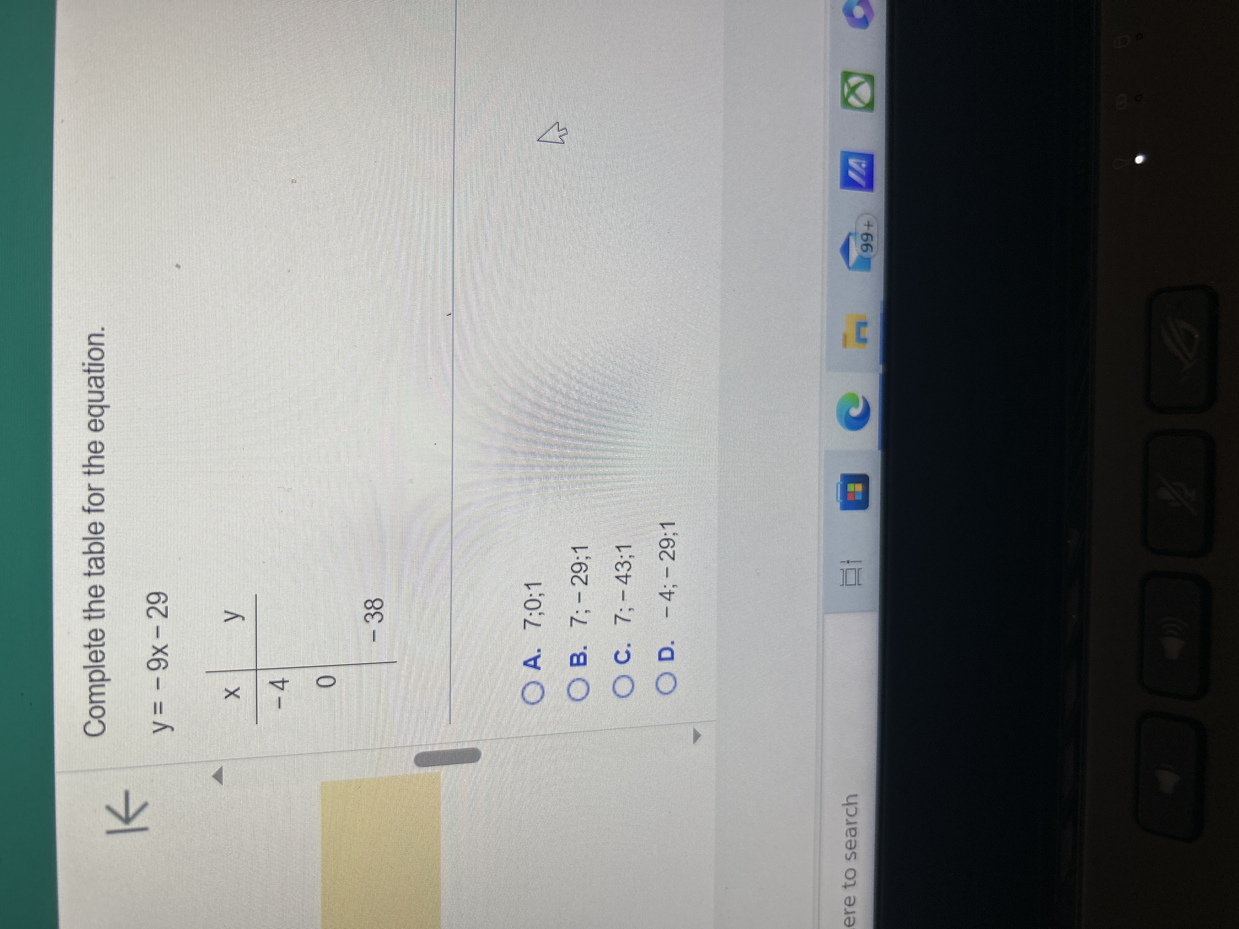 Complete the table for the equation. K y = - 9x -