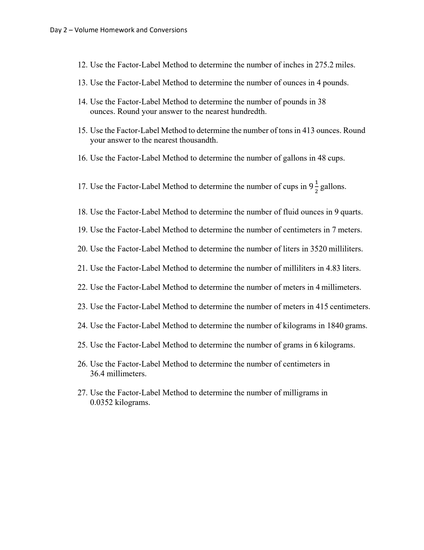 Day 2 Volume Homework and Conversions 1. 10. 11.