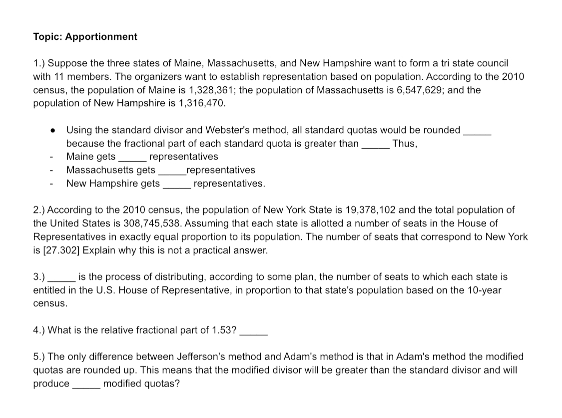 Topic: Apportionment 1.) Suppose the three states