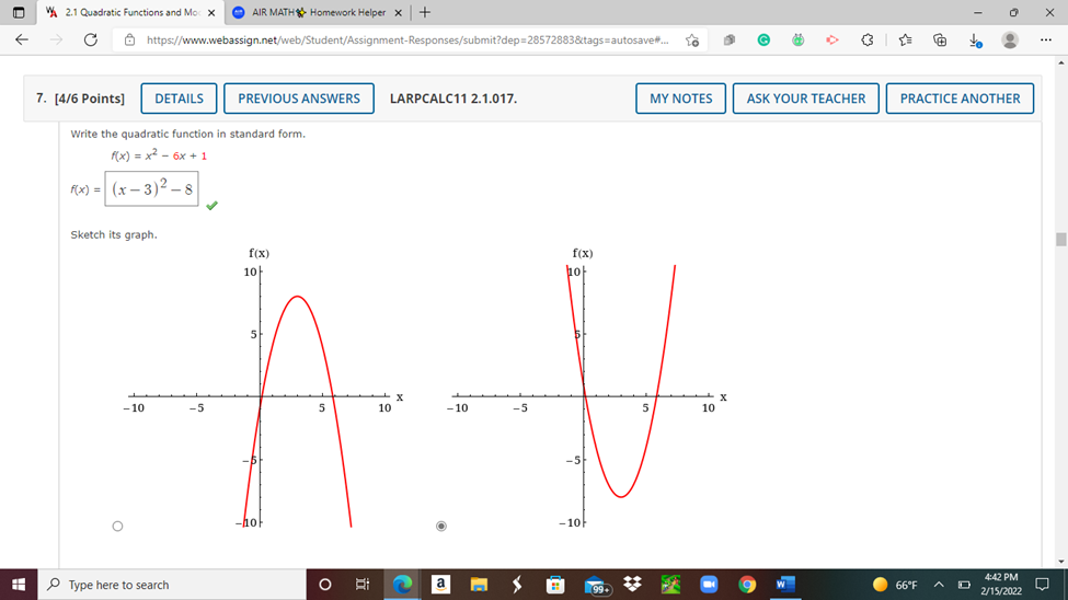 WA 2.1 Quadratic Functions and Moc X AIR MATH*