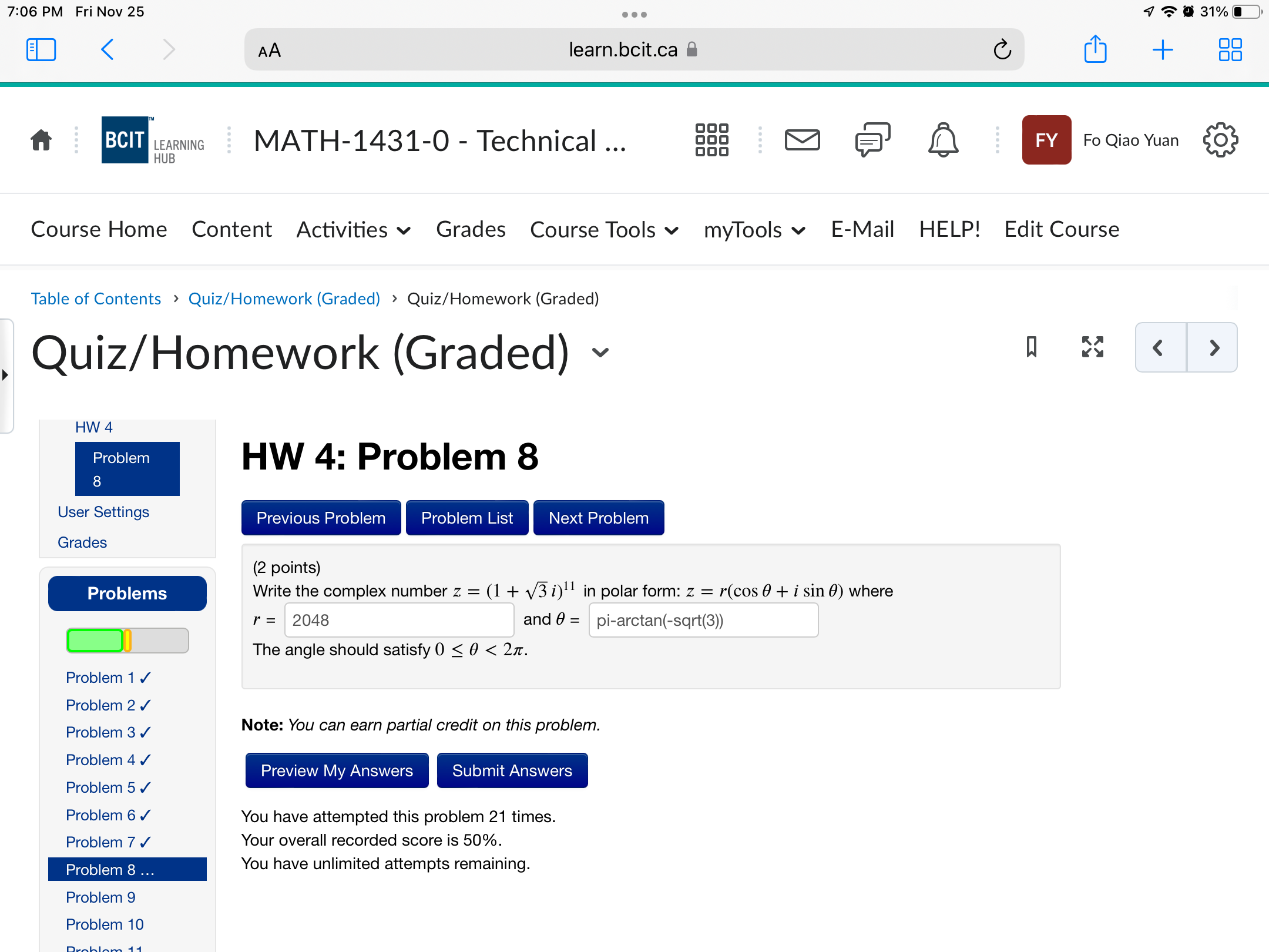 7:06 PM Fri Nov 25 . . . 1 0 31% < AA