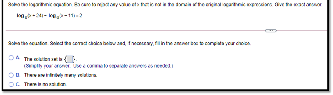 Solve the logarithmic equation. Be sure to reject