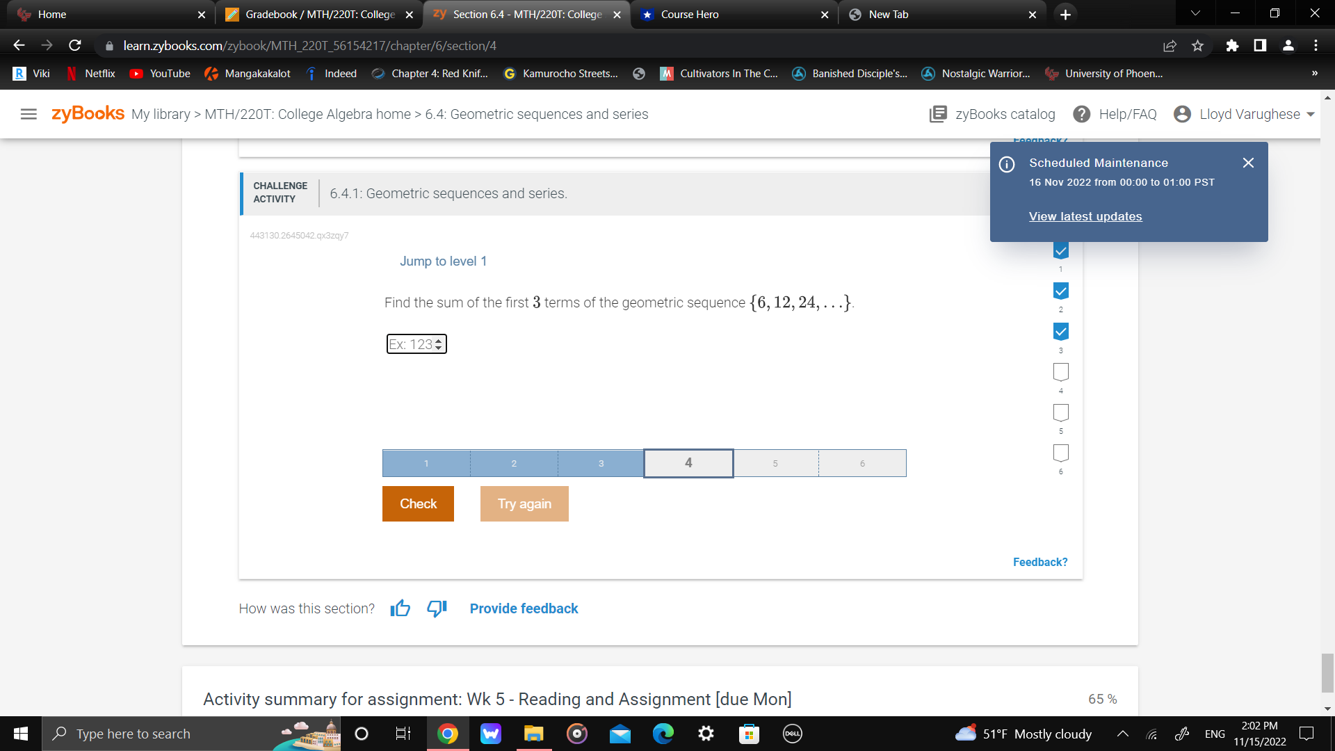 Home X Gradebook / MTH/220T: College x zy Section