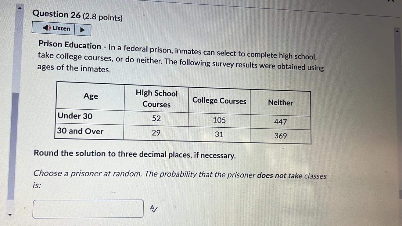 Question 26 (2.8 points) Listen Prison Education