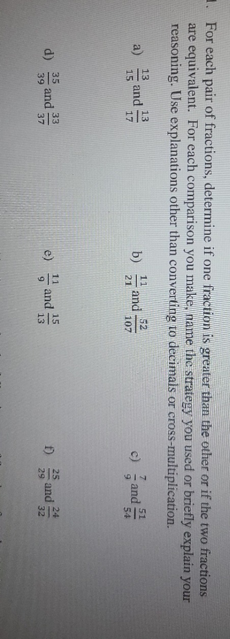 For each pair of fractions, determine if one