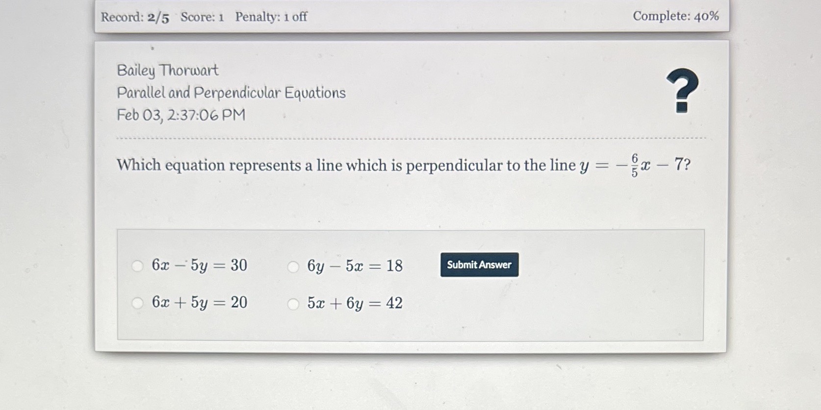 Record: 2/5 Score: 1 Penalty: 1 off Complete: 40%