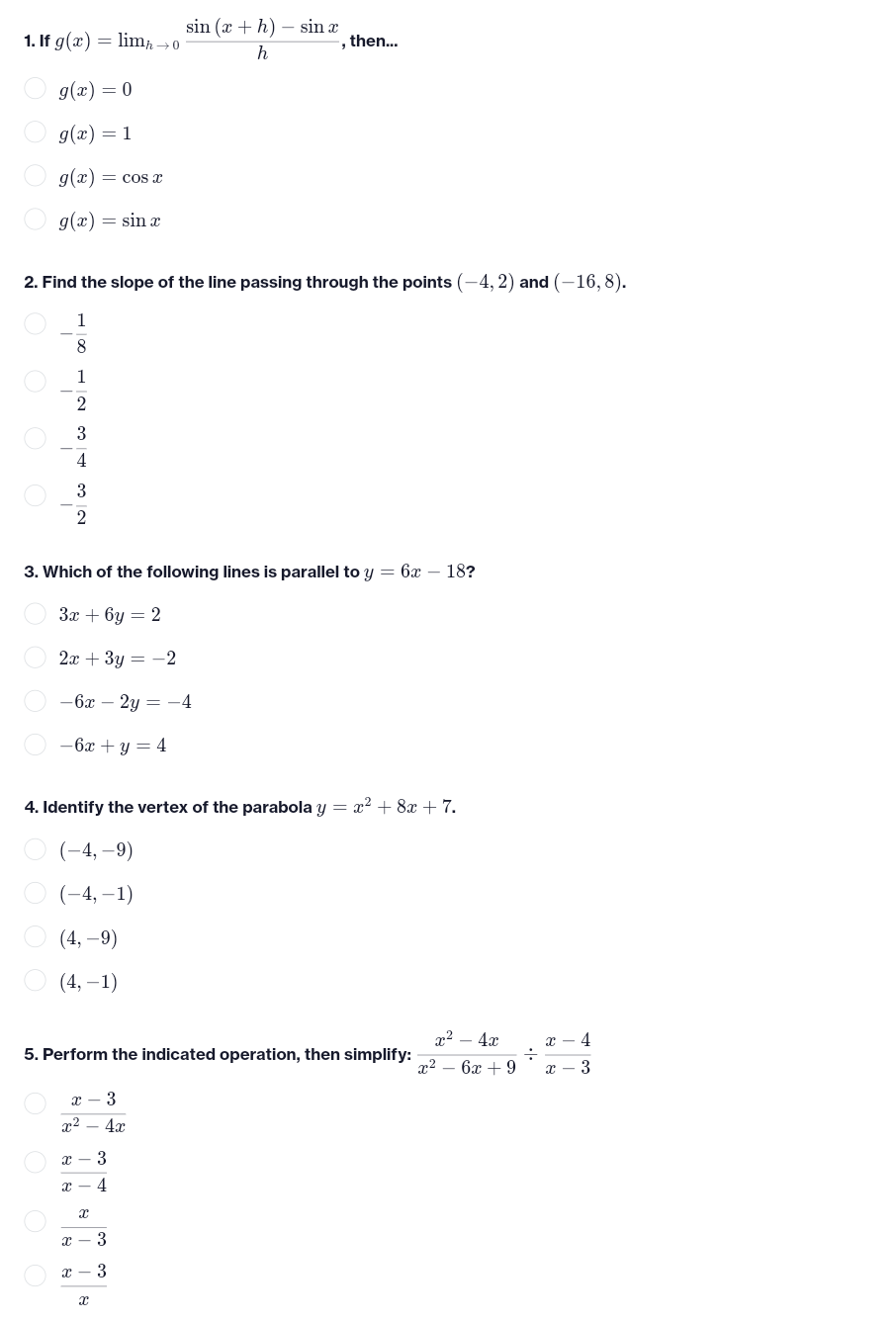 sin (x + h) - sin c 1. If g(x) = limp -0 ,