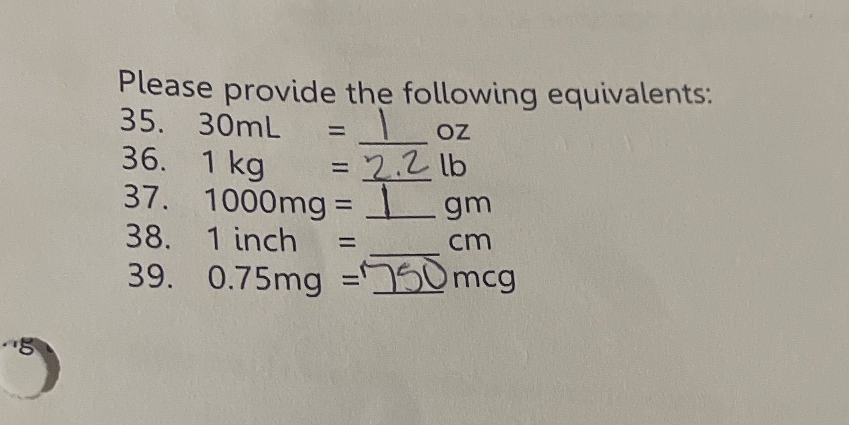 Please provide the following equivalents: 35.