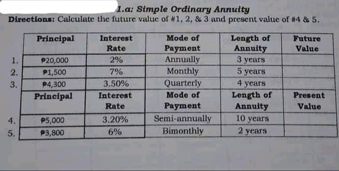 1.a: Simple Ordinary Annuity Directions: