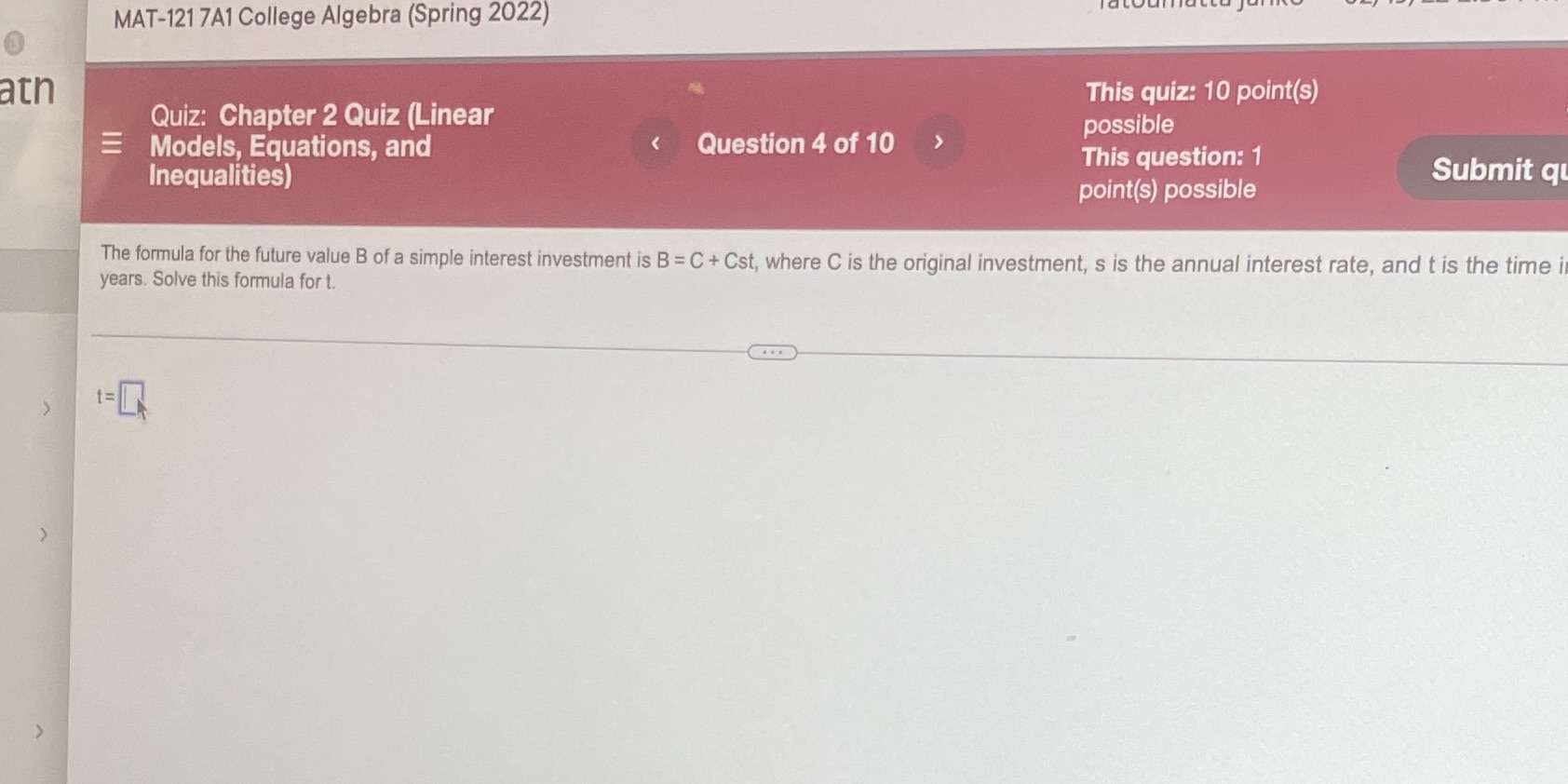 MAT-121 7A1 College Algebra (Spring 2022) atn