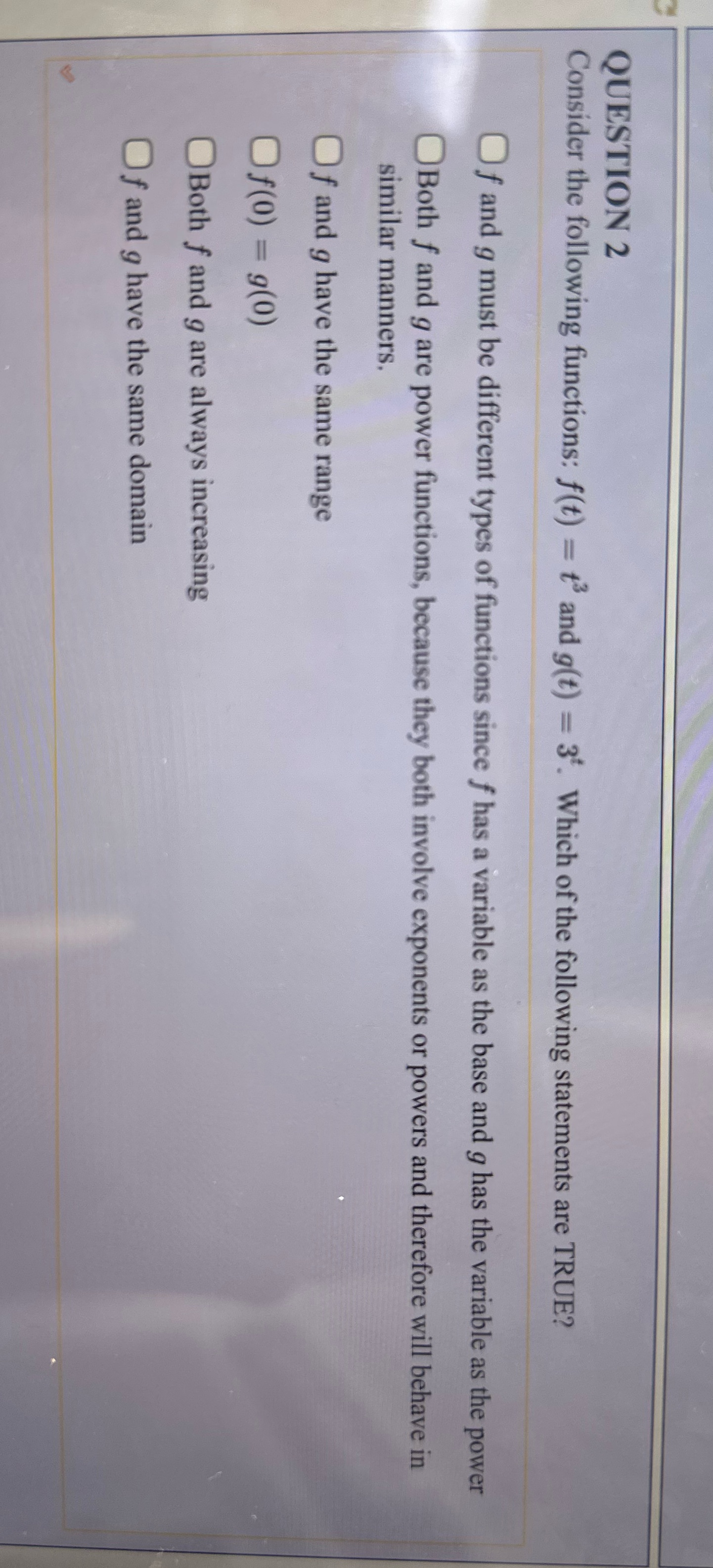 QUESTION 2 Consider the following functions: f(t)