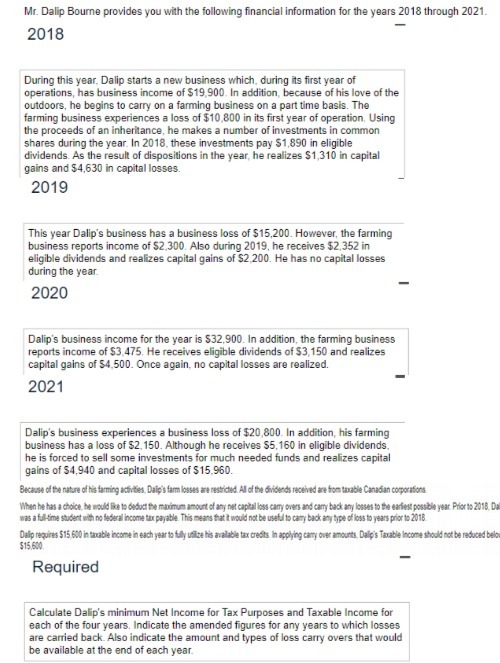 Mr. Dalip Bourne provides you with the following