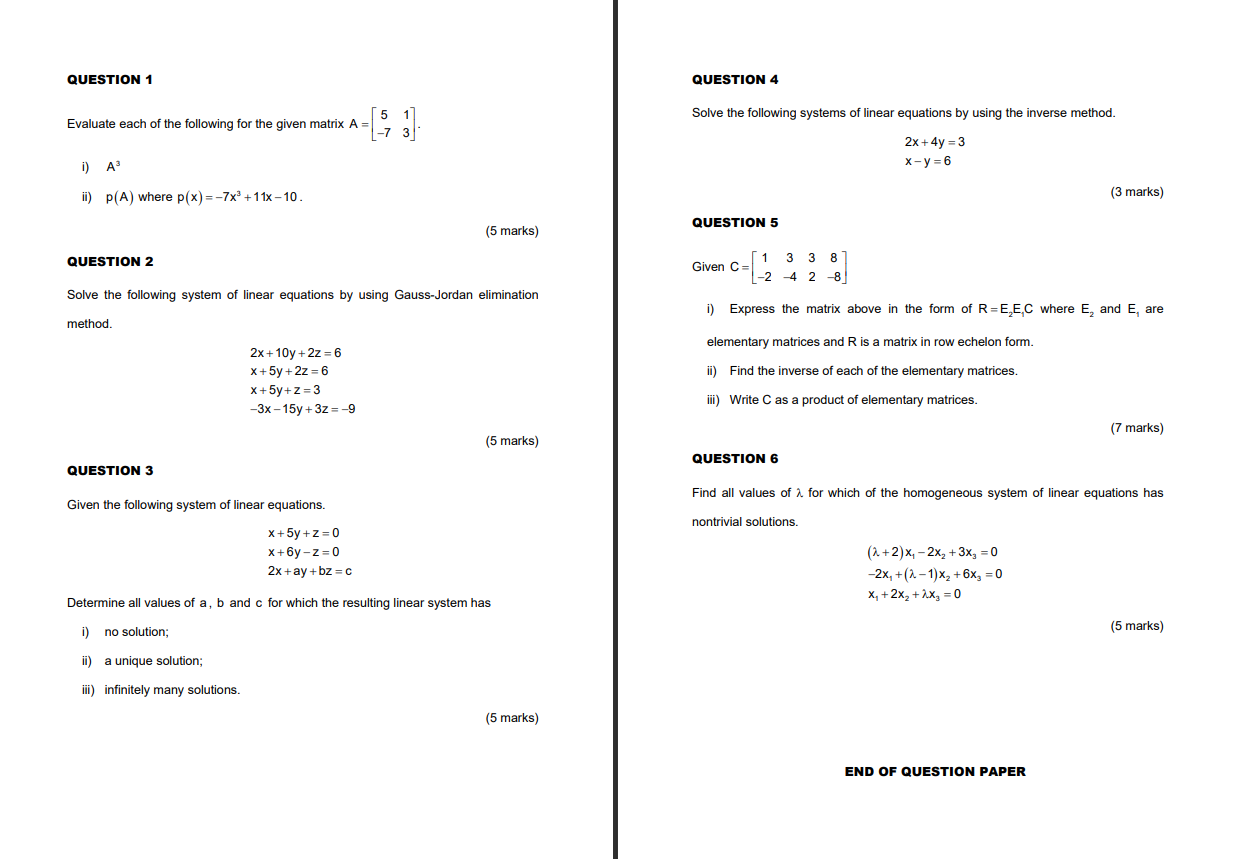 QUESTION 1 QUESTION 4 Evaluate each of the
