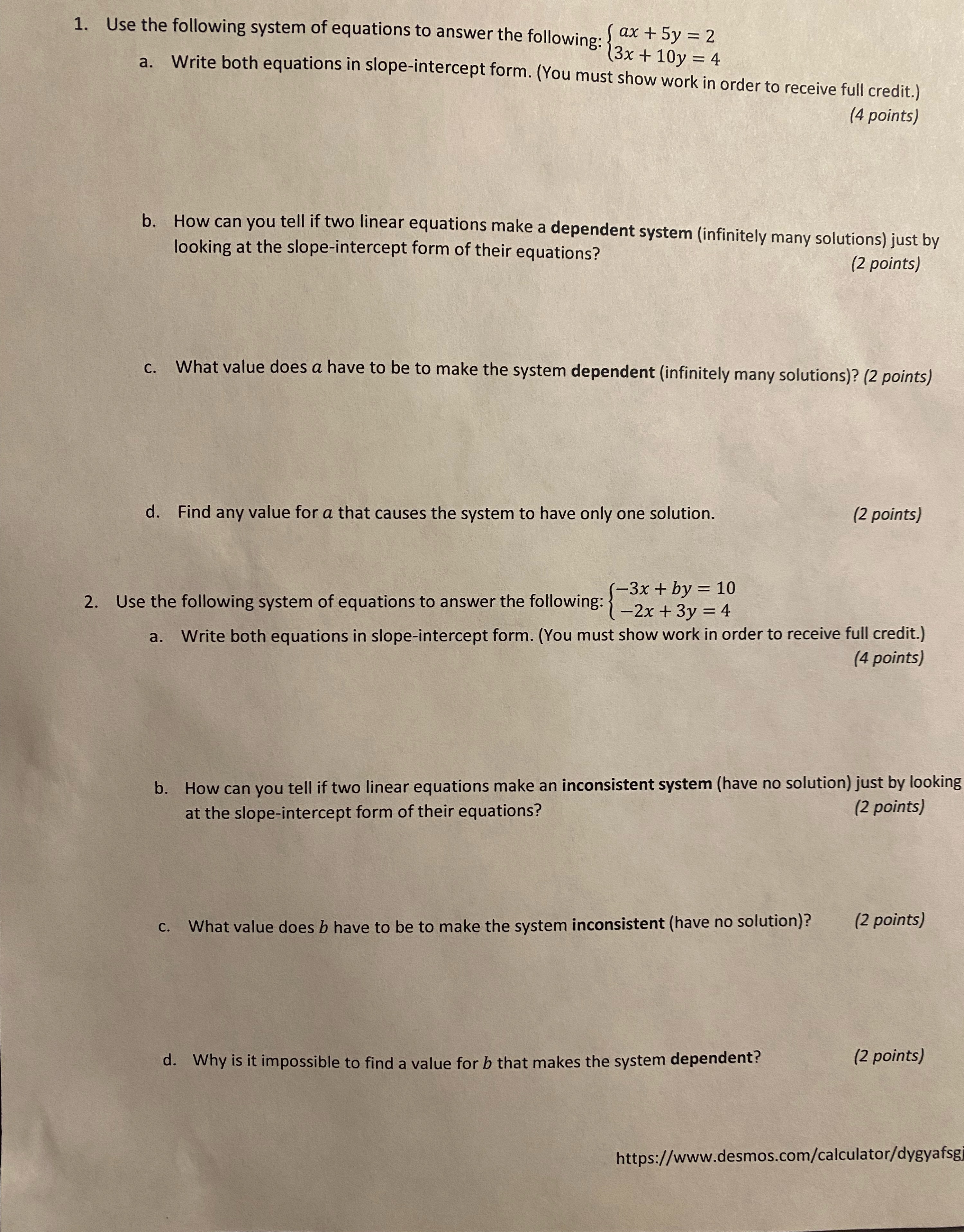 1. Use the following system of equations to