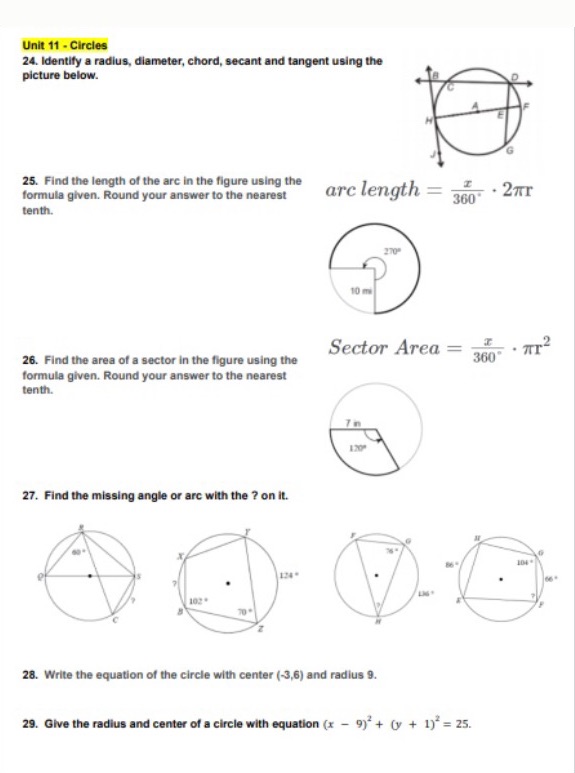 Solve with show work Unit 11 - Circles 24.