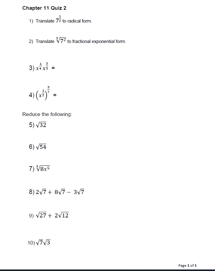 Chapter 11 Quiz 2 1 1} Translate L73 to radical