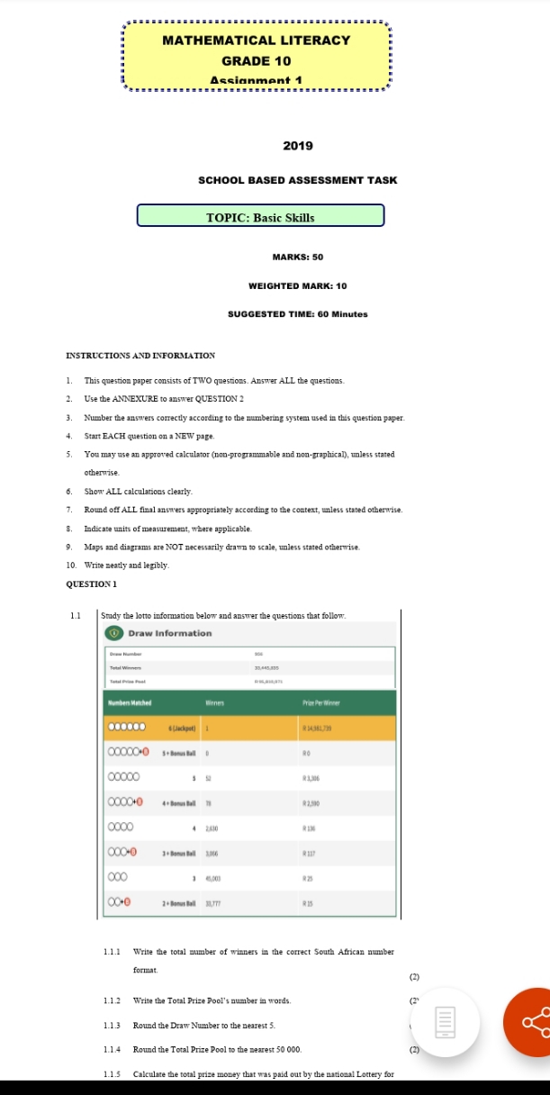 MATHEMATICAL LITERACY GRADE 10 Assignment 1 2019