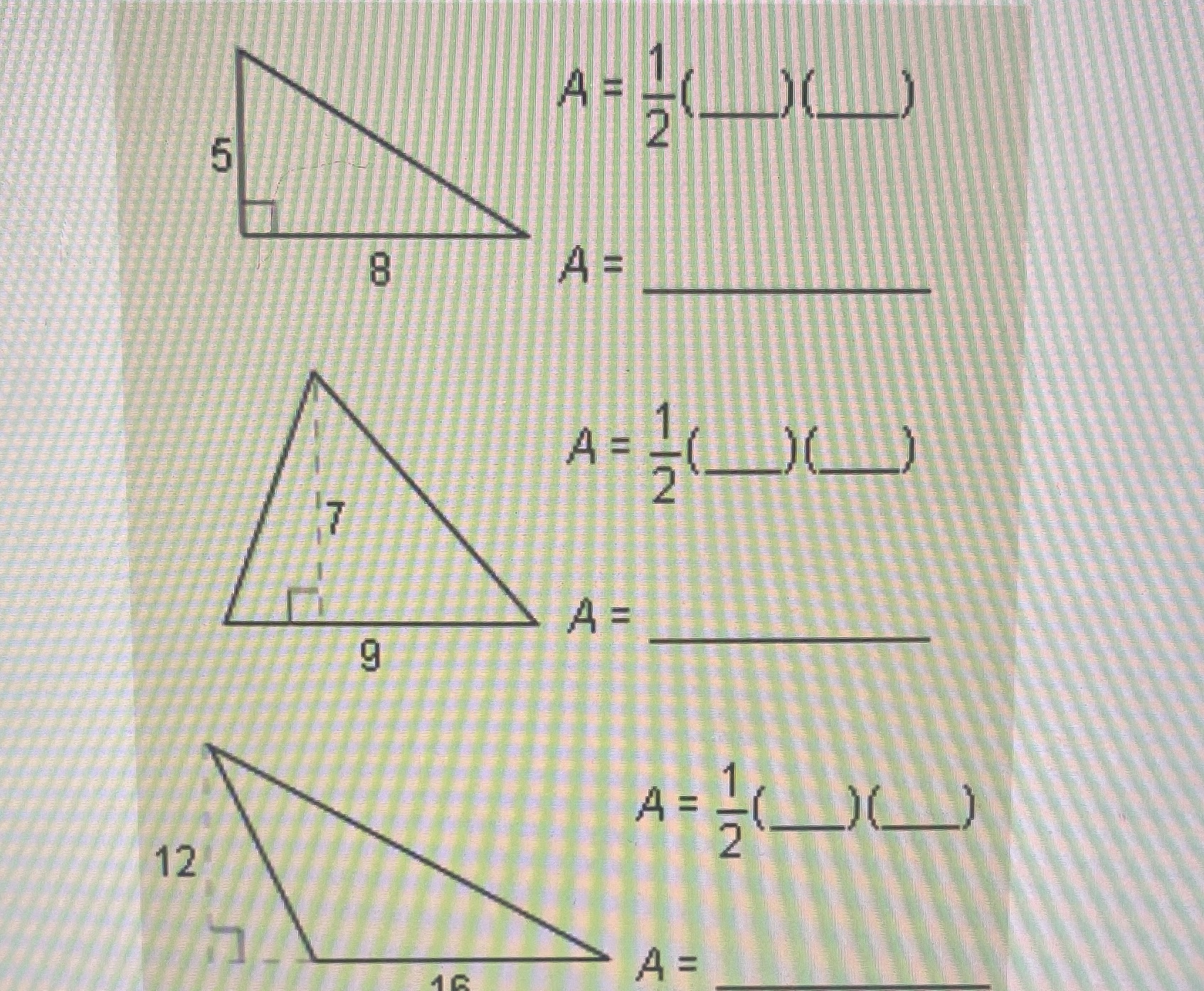find the area of each triangle, give each area in