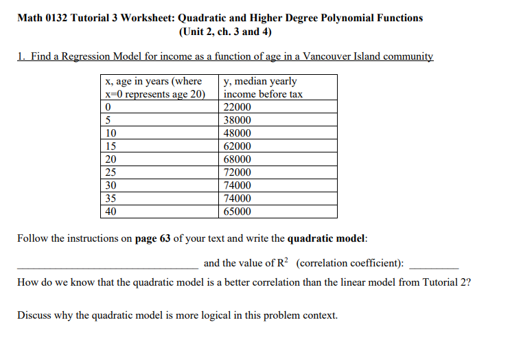 Math 0132 Tutorial 3 Worksheet: Quadratic and