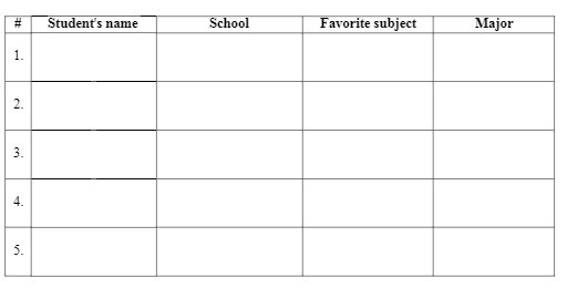# Student's name School Favorite subject