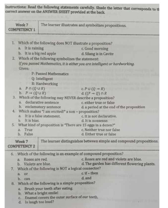 Instructions: Read the following statements