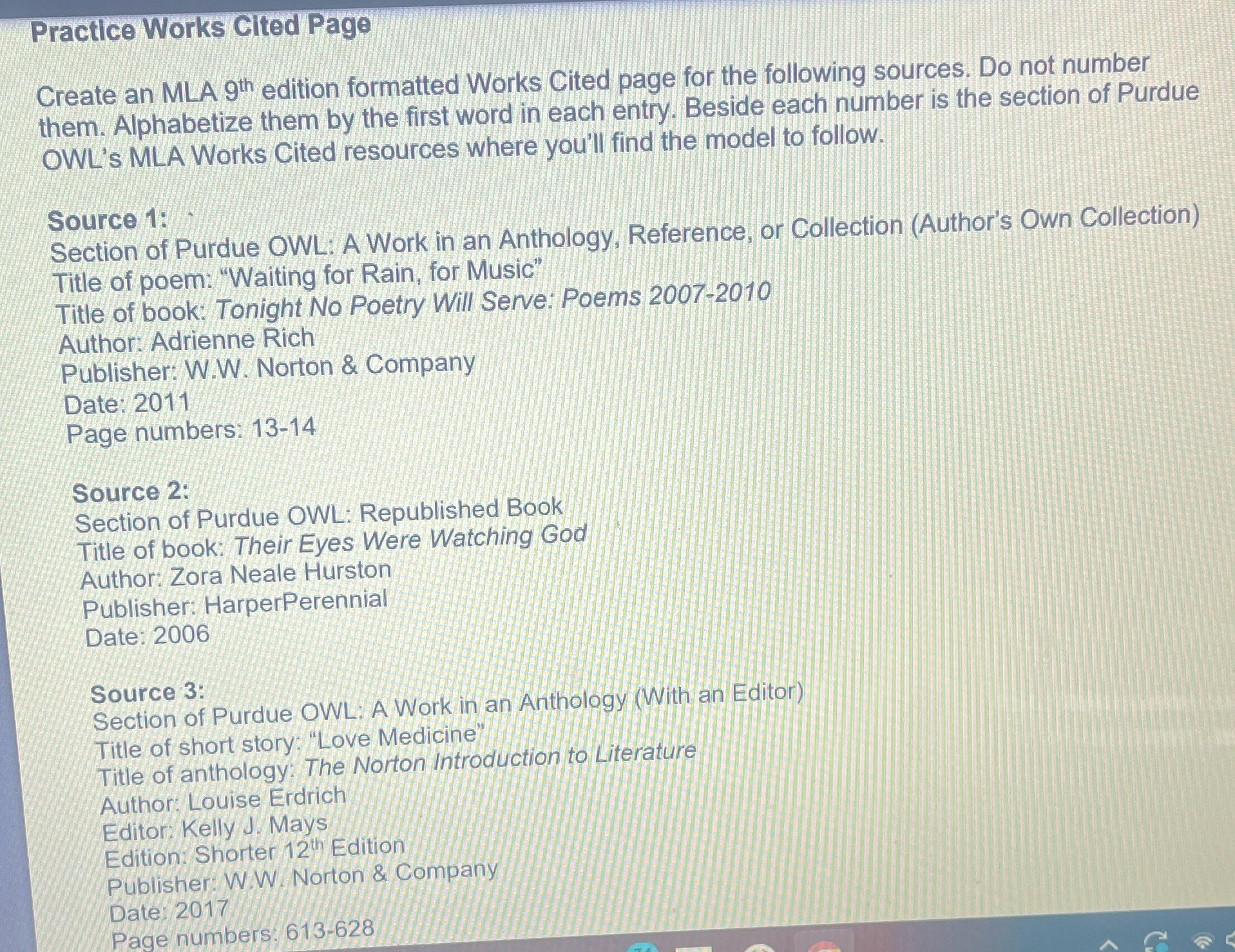 Practice Works Cited Page Create an MLA 9th