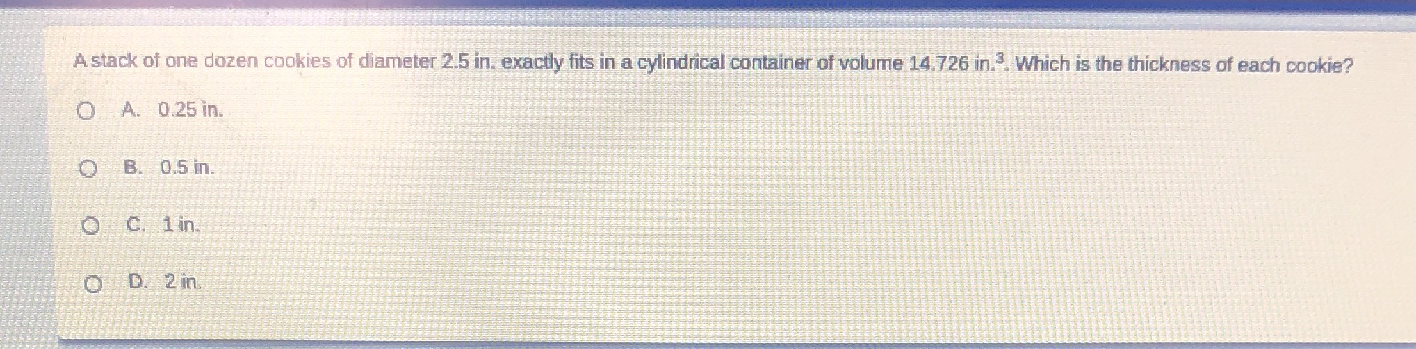 A stack of one dozen cookies of diameter 2.5 in.