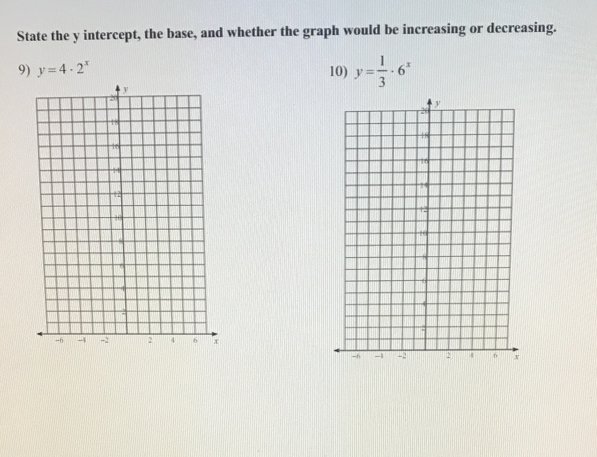 State the y intercept, the base, and whether the