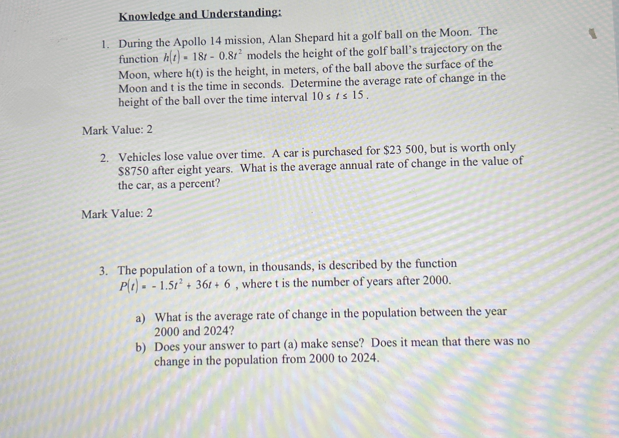 question1-3 Knowledge and Understanding: 1.