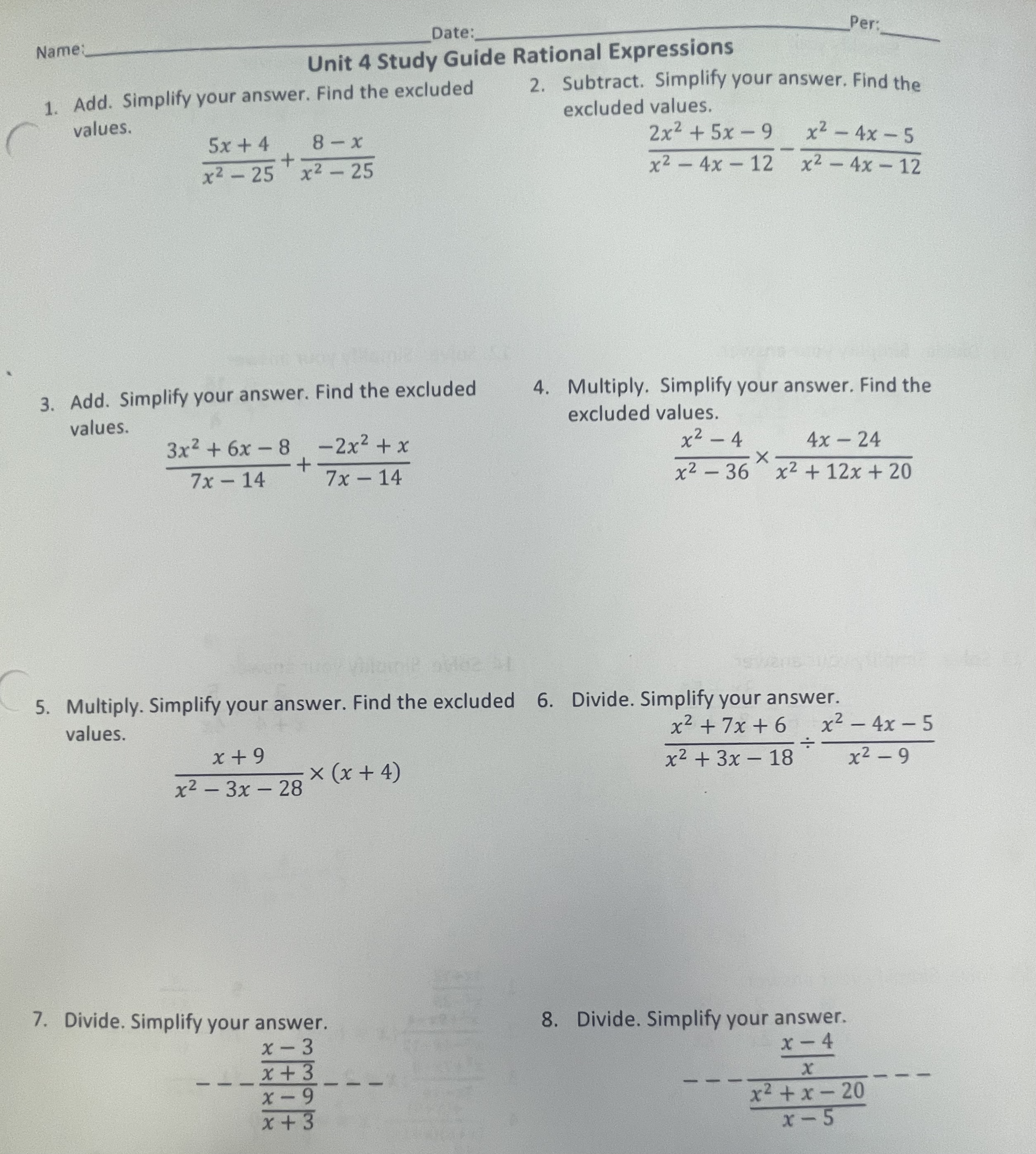 \fName: Date: Per: Unit 4 Study Guide Rational