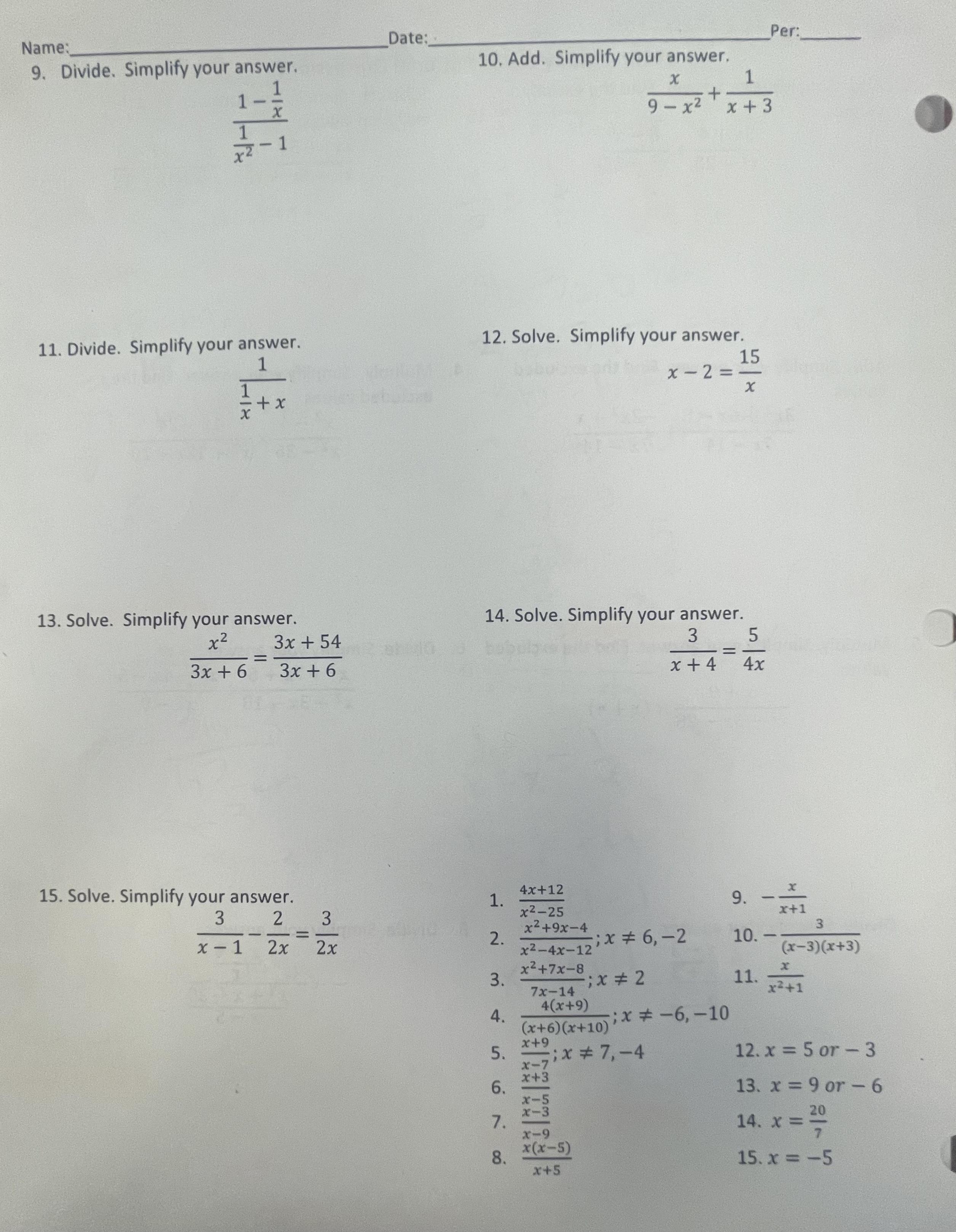 \fName: Date: Per: Unit 4 Study Guide Rational