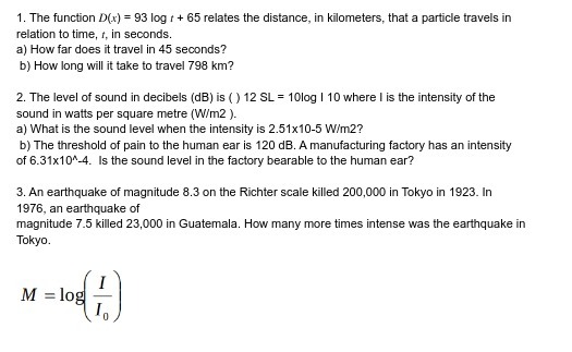 1. The function D(x) = 93 log r + 65 relates the