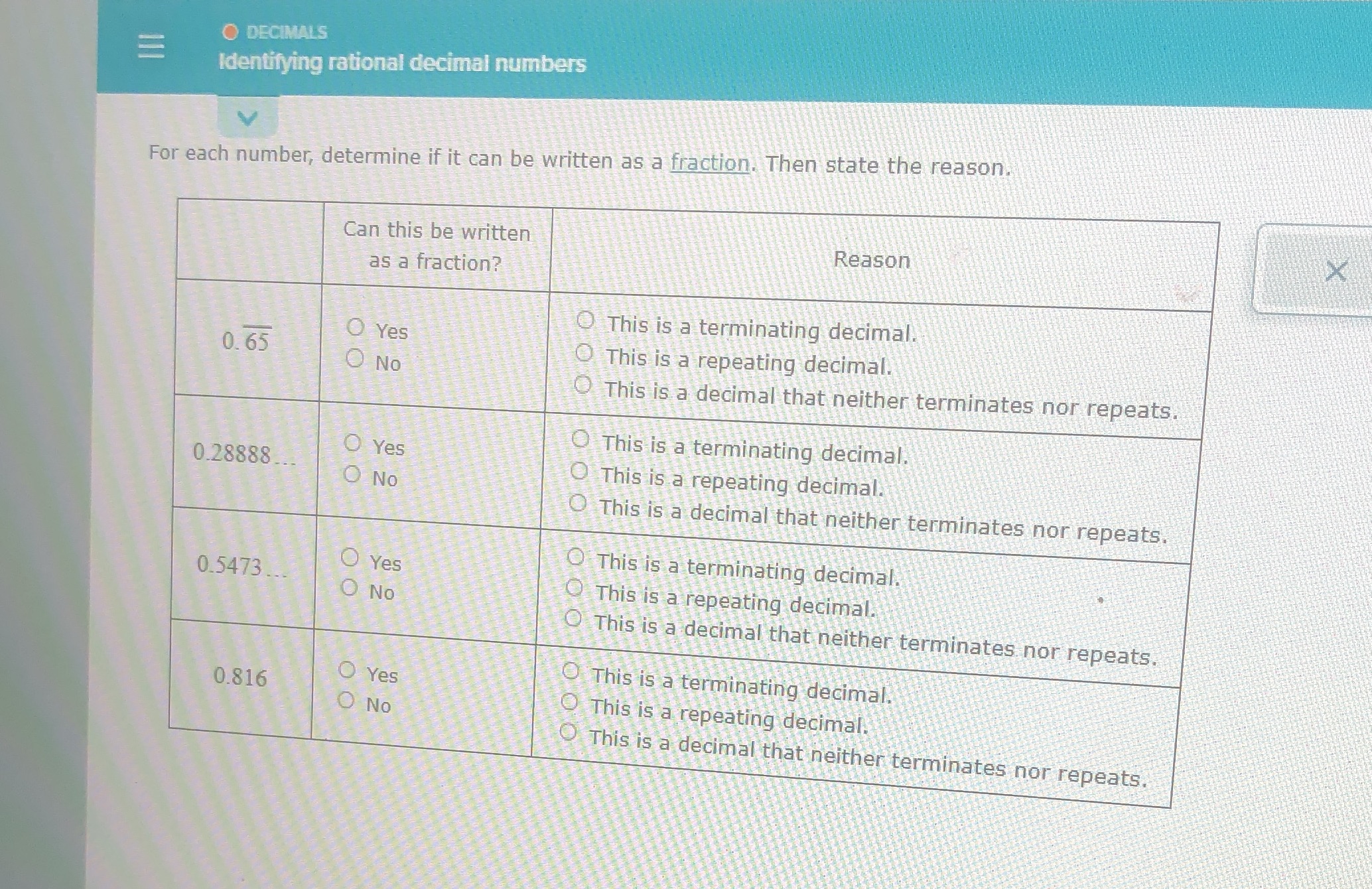 O DECIMALS Identifying rational decimal numbers