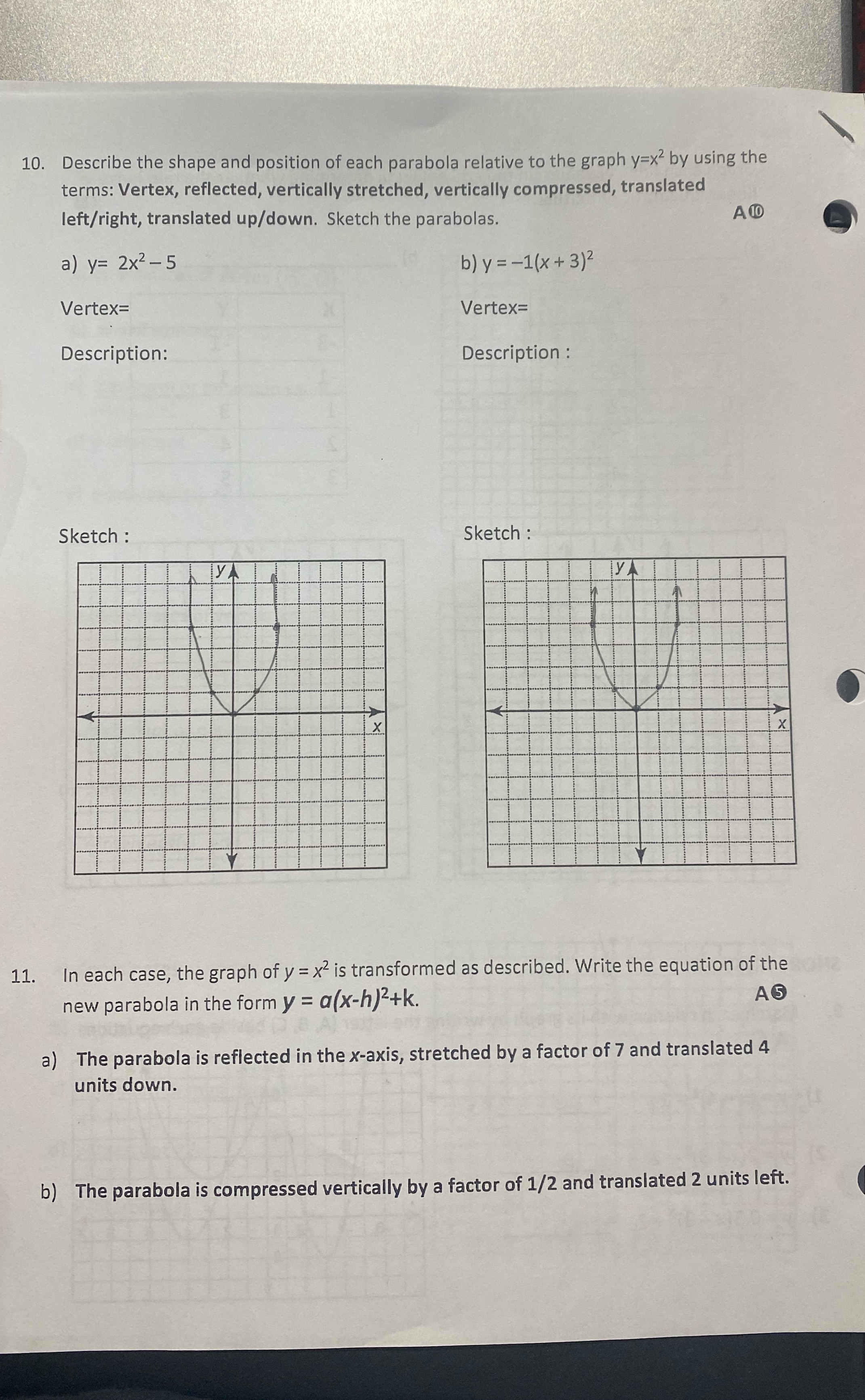 10. Describe the shape and position of each