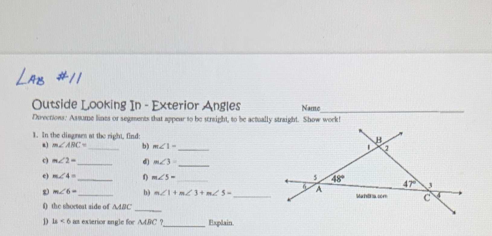LAB # 11 Outside Looking In - Exterior Angles