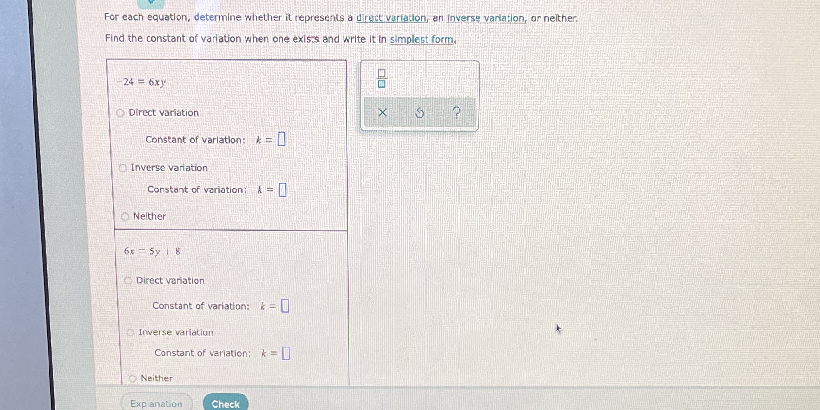 For each equation, determine whether it