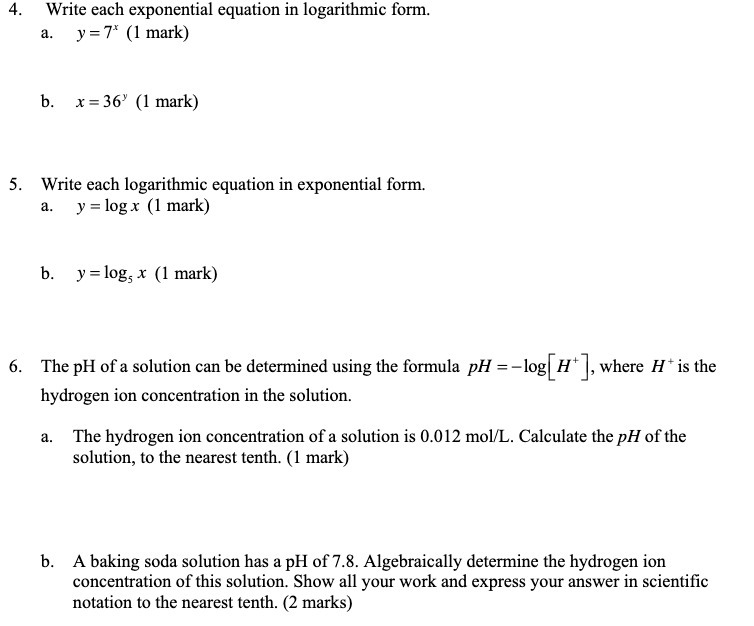 4. Write each exponential equation in logarithmic