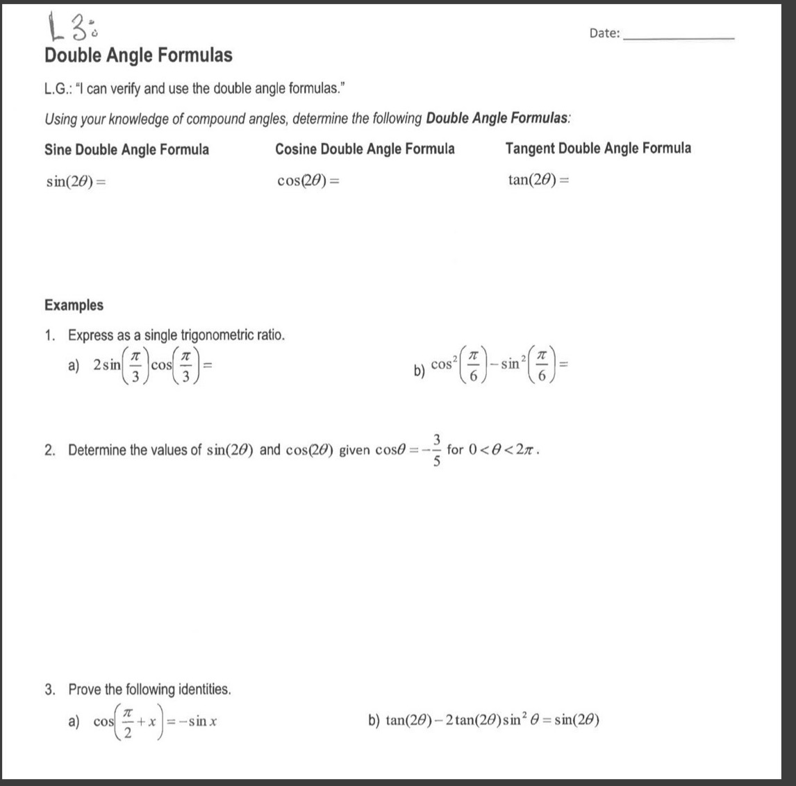 Three double angle formula and question1-3 L32.