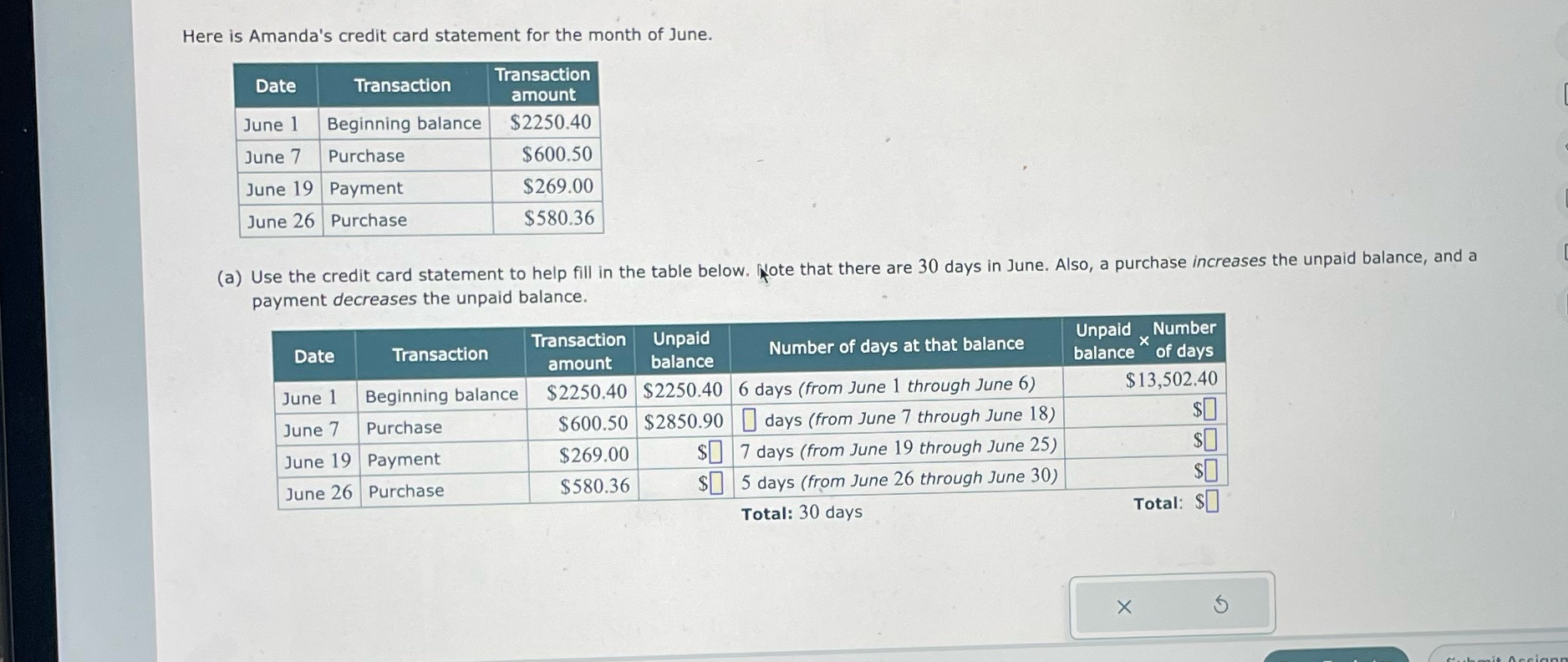 Here is Amanda's credit card statement for