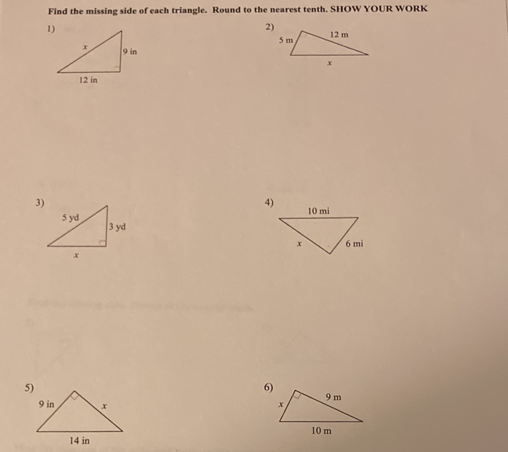 Find the missing side of each triangle. Round to