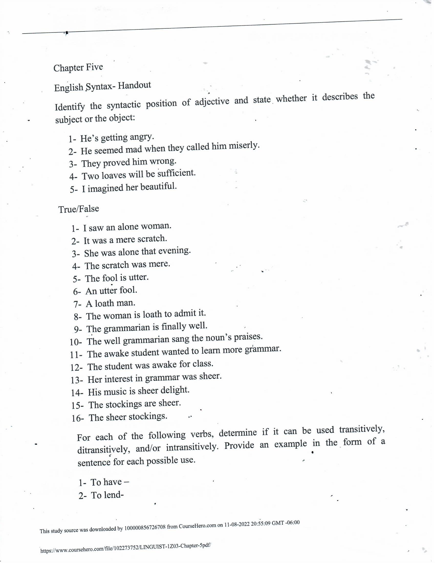 Chapter Five English Syntax- Handout ,, Identify