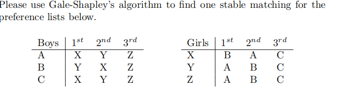 Please use Gale-Shapley's algorithm to find